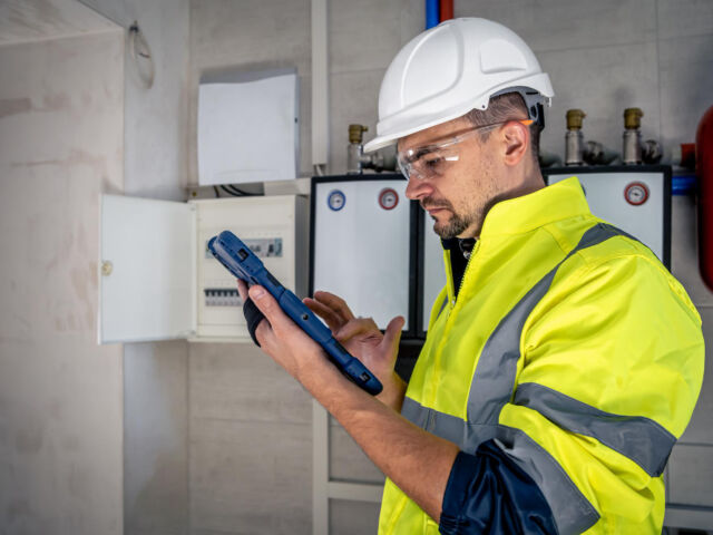 man-electrical-technician-working-switchboard-with-fuses-uses-tablet